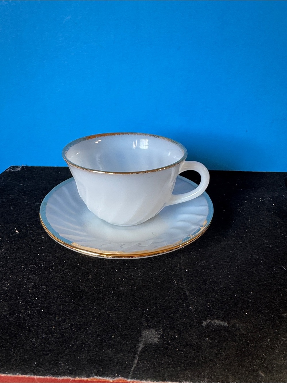 vintage Anchor Hocking Fire-King "Swirl" pattern milk glass cup and saucer set